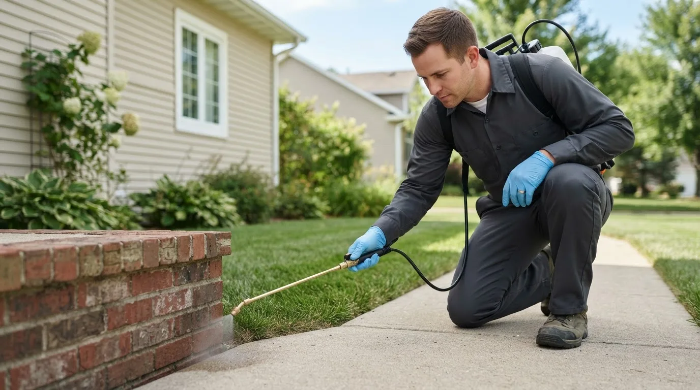 Pest control technician treating a home near Auburn, MI