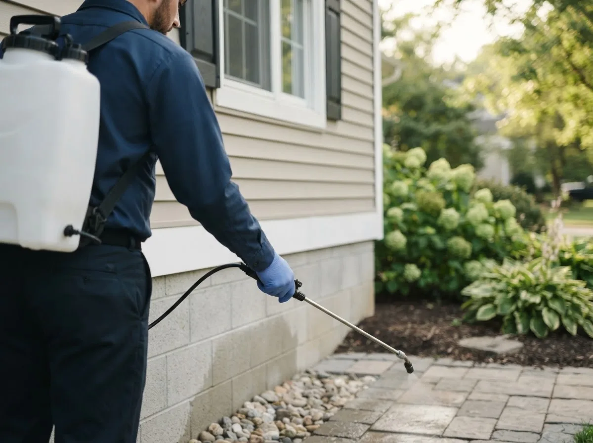 Pest control technician inspecting a home in Auburn, MI